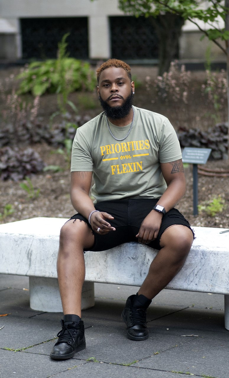PRIORITIES OVER FLEXIN- LIGHT OLIVE TEE